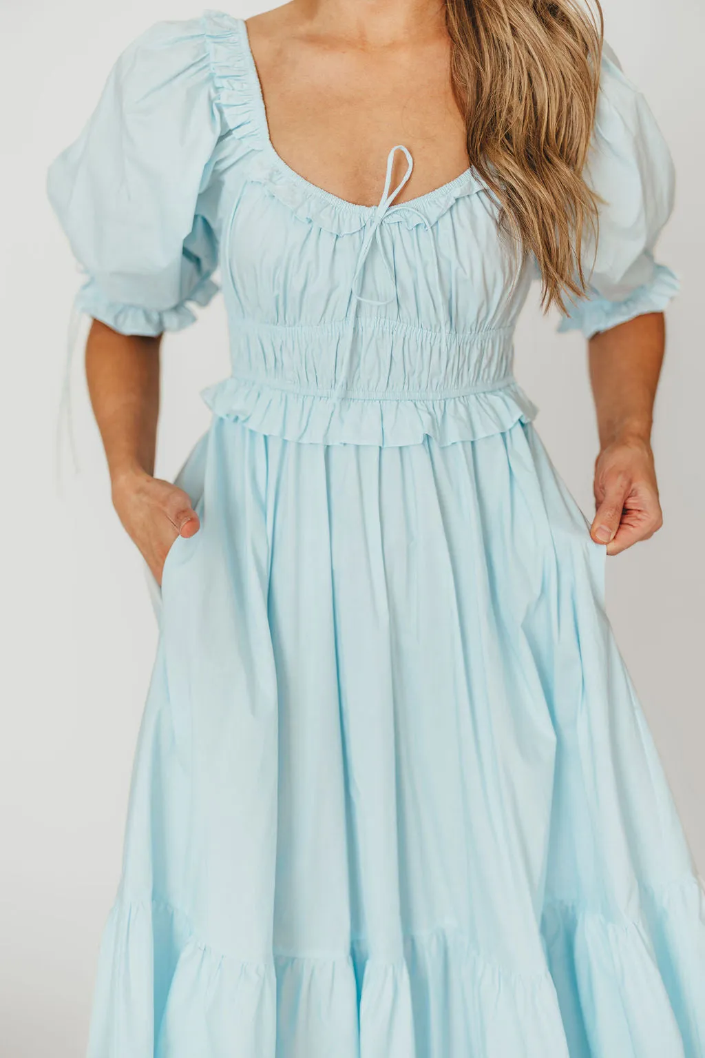 100% Cotton Crissy Ruched Midi Dress in Baby Blue - Bump Friendly