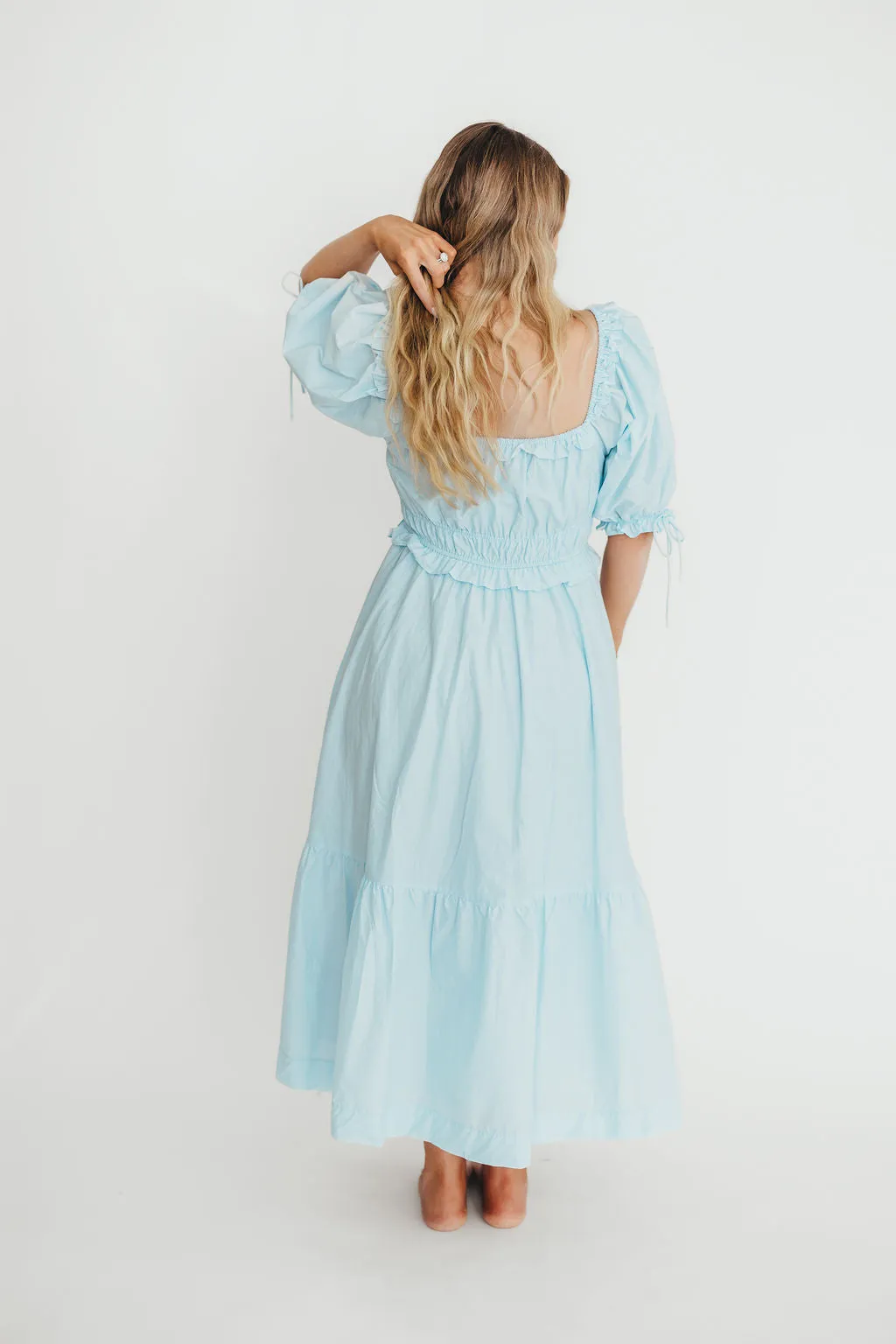 100% Cotton Crissy Ruched Midi Dress in Baby Blue - Bump Friendly