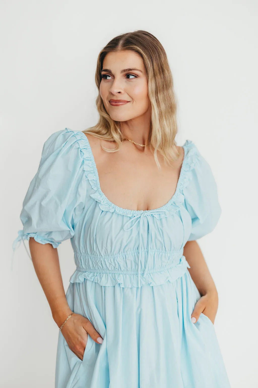 100% Cotton Crissy Ruched Midi Dress in Baby Blue - Bump Friendly
