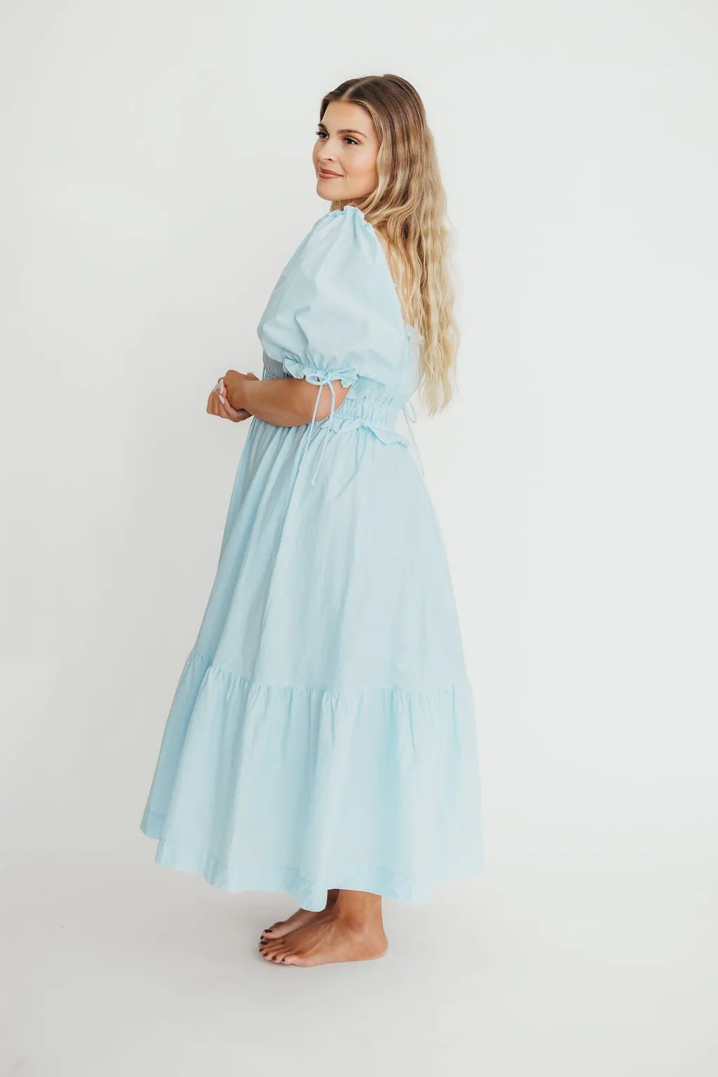 100% Cotton Crissy Ruched Midi Dress in Baby Blue - Bump Friendly