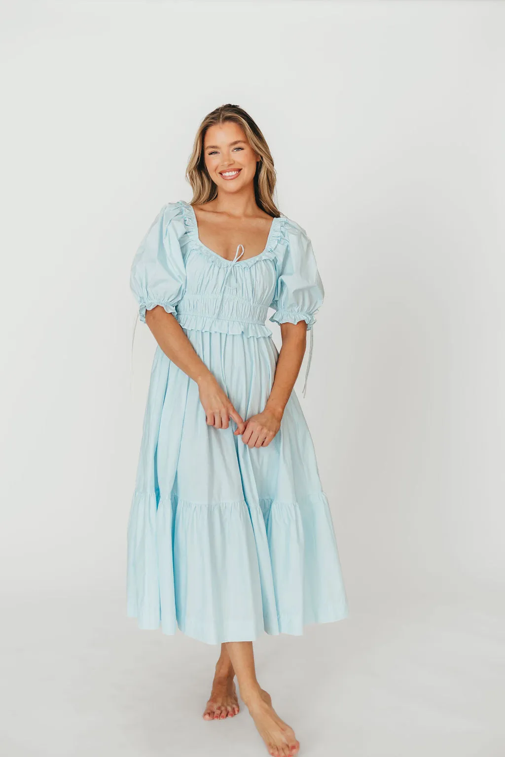 100% Cotton Crissy Ruched Midi Dress in Baby Blue - Bump Friendly