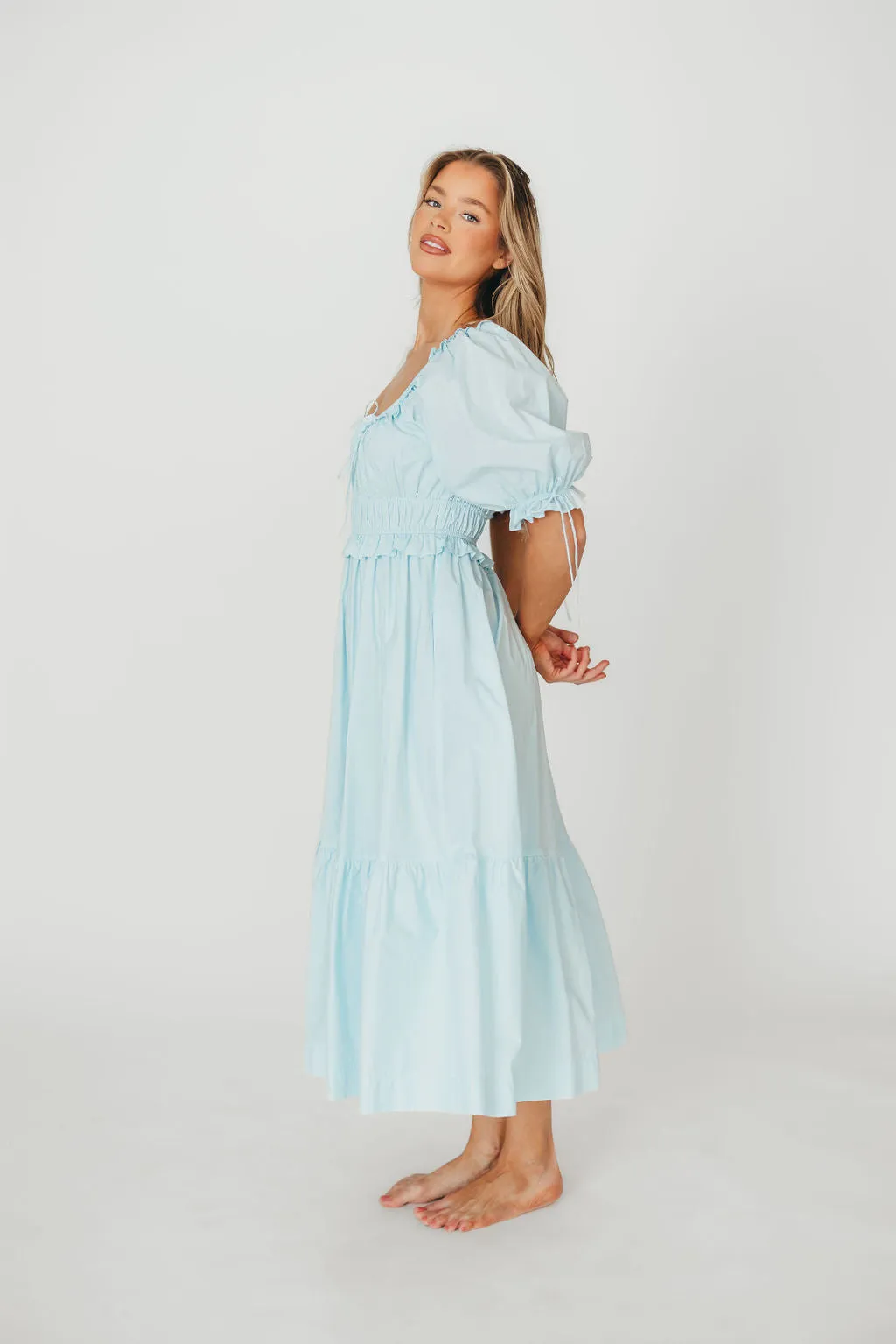 100% Cotton Crissy Ruched Midi Dress in Baby Blue - Bump Friendly