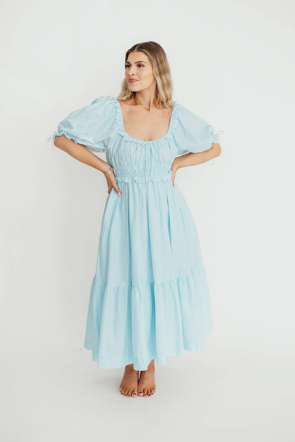 100% Cotton Crissy Ruched Midi Dress in Baby Blue - Bump Friendly