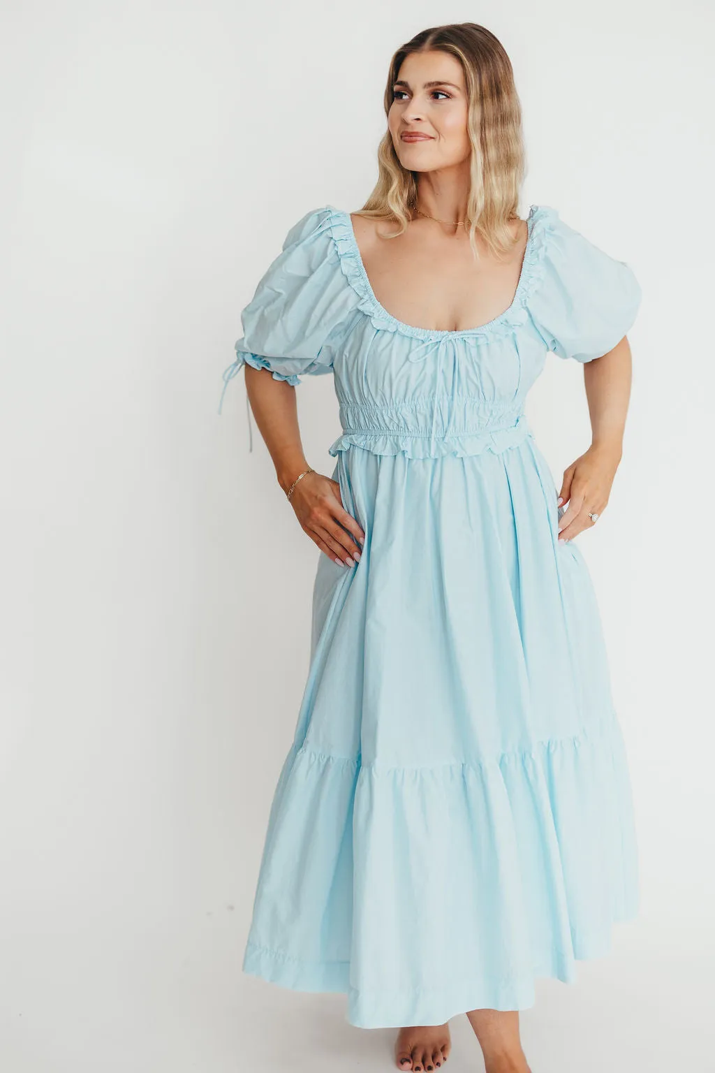 100% Cotton Crissy Ruched Midi Dress in Baby Blue - Bump Friendly