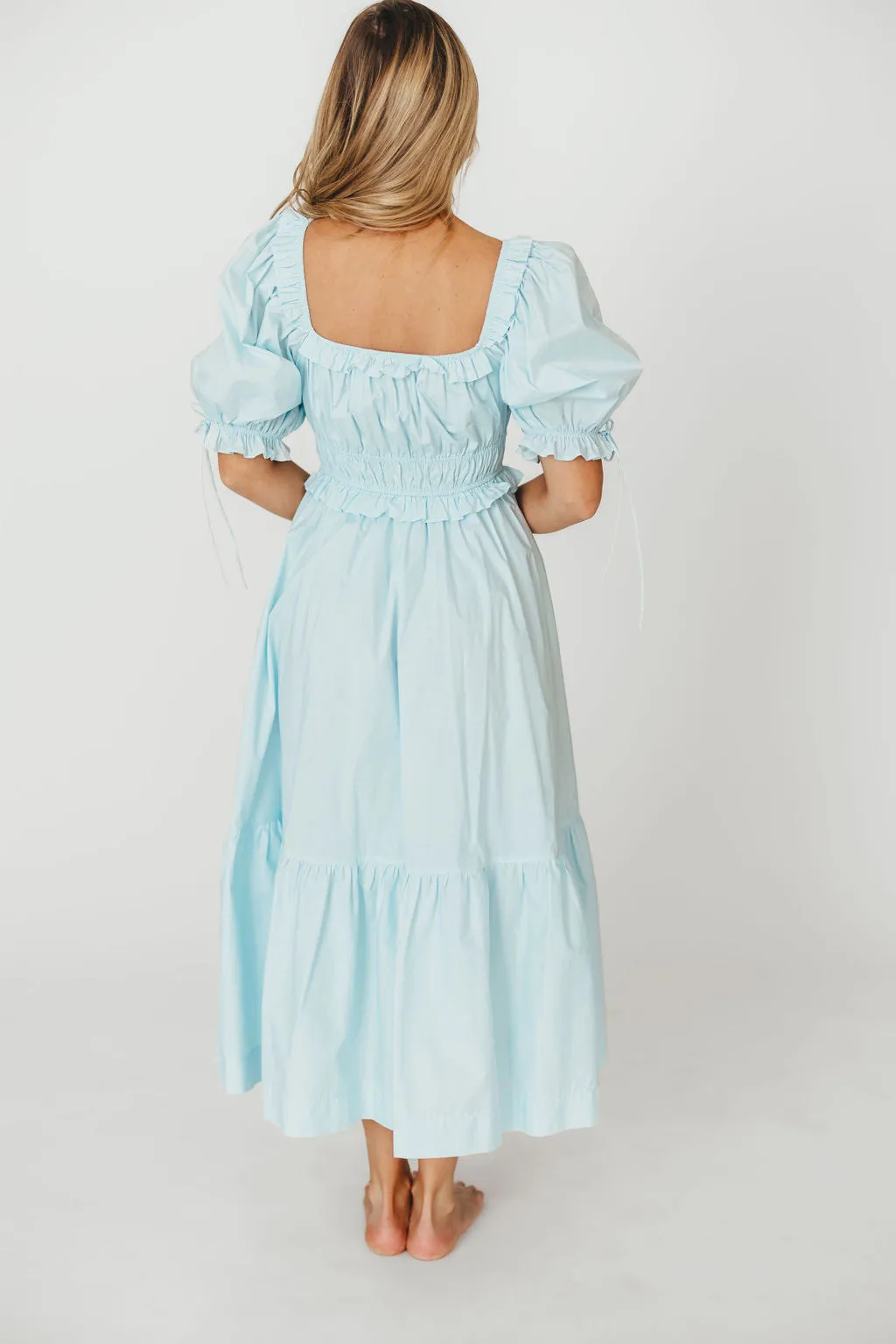 100% Cotton Crissy Ruched Midi Dress in Baby Blue - Bump Friendly