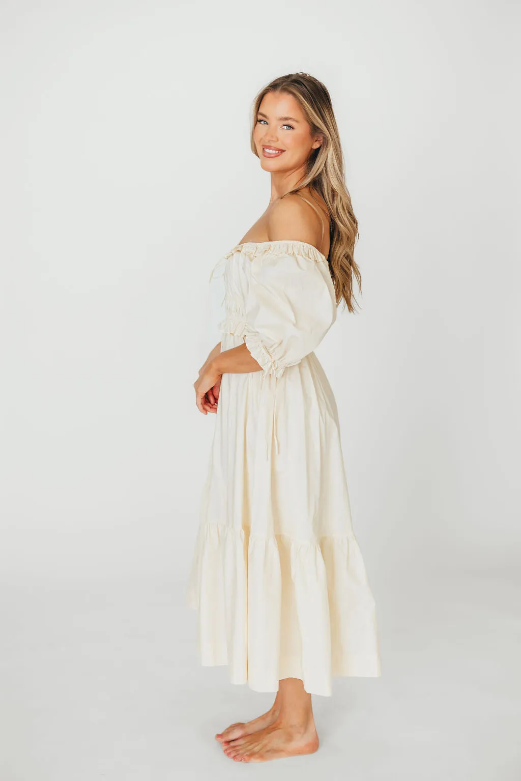 100% Cotton Crissy Ruched Midi Dress in Cream - Bump Friendly