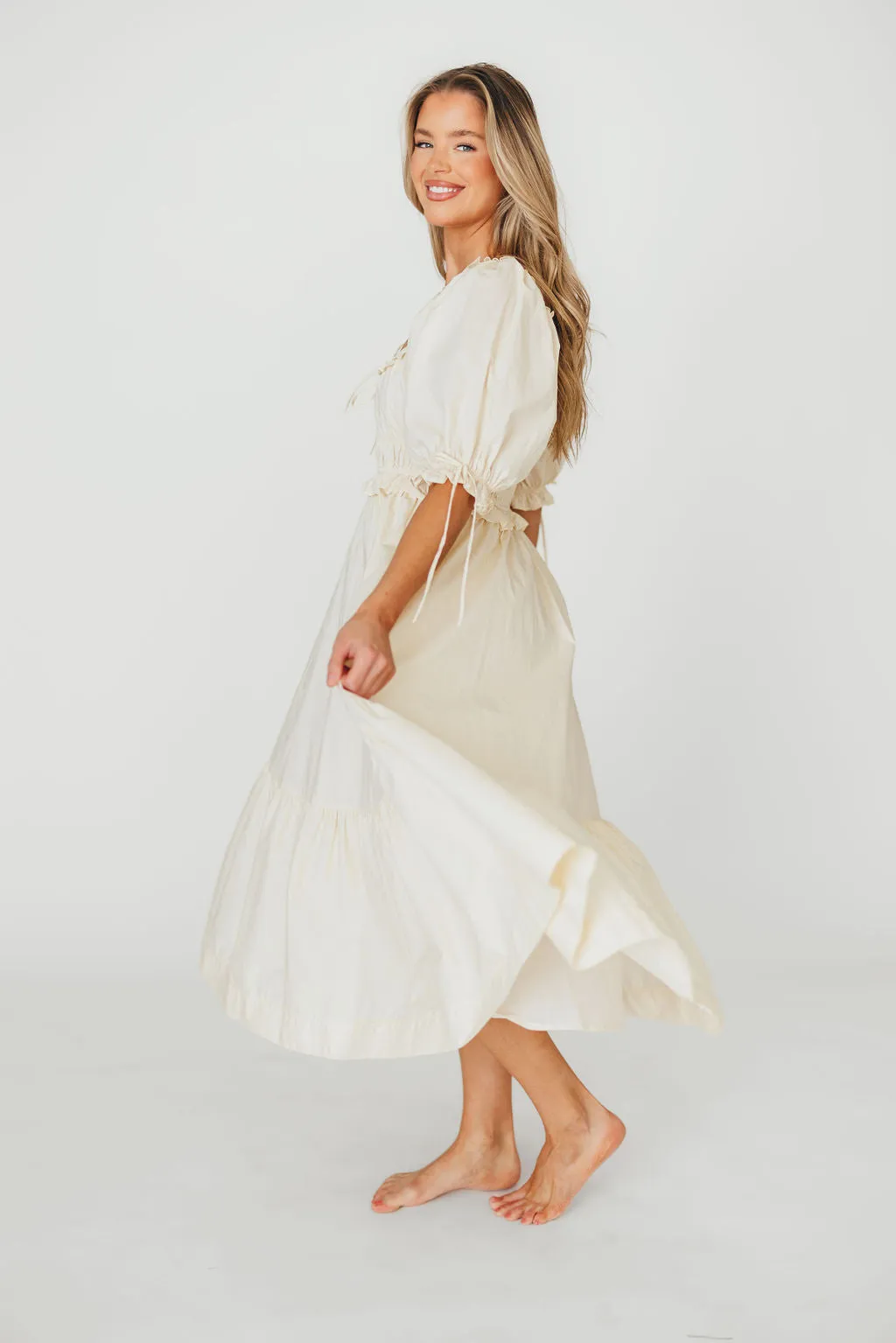 100% Cotton Crissy Ruched Midi Dress in Cream - Bump Friendly