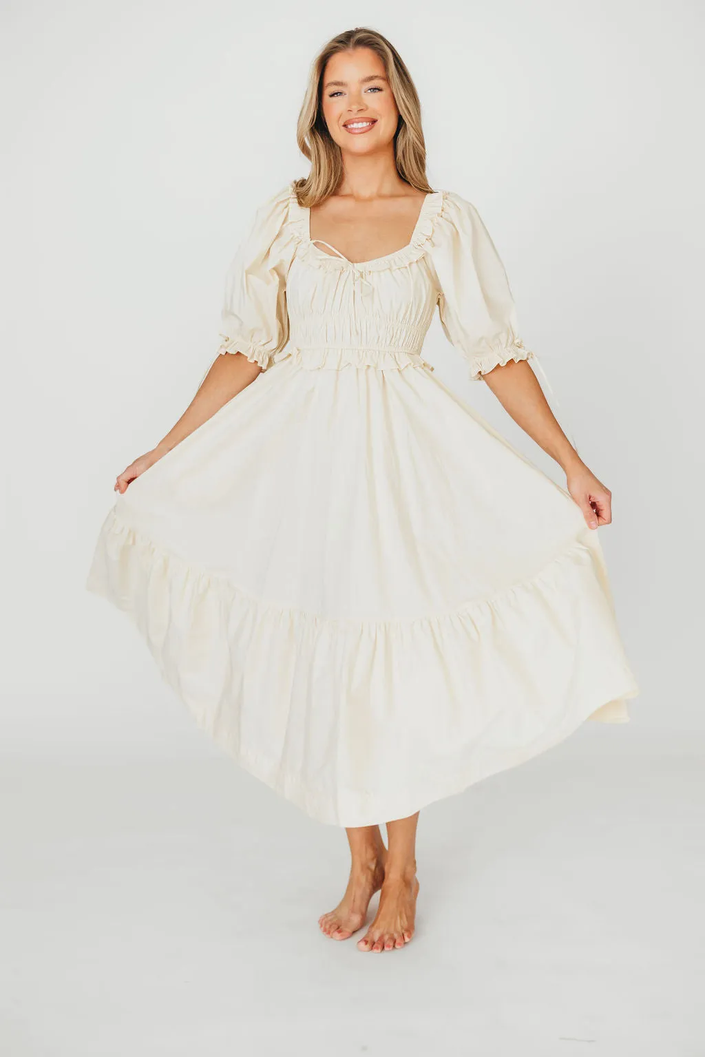 100% Cotton Crissy Ruched Midi Dress in Cream - Bump Friendly