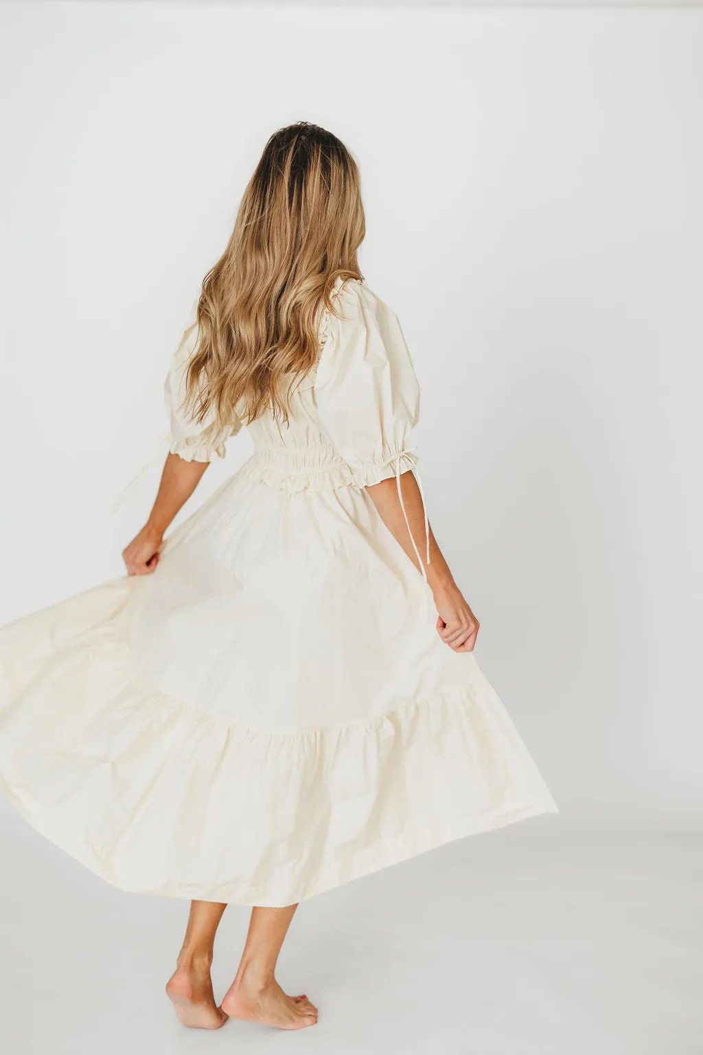 100% Cotton Crissy Ruched Midi Dress in Cream - Bump Friendly