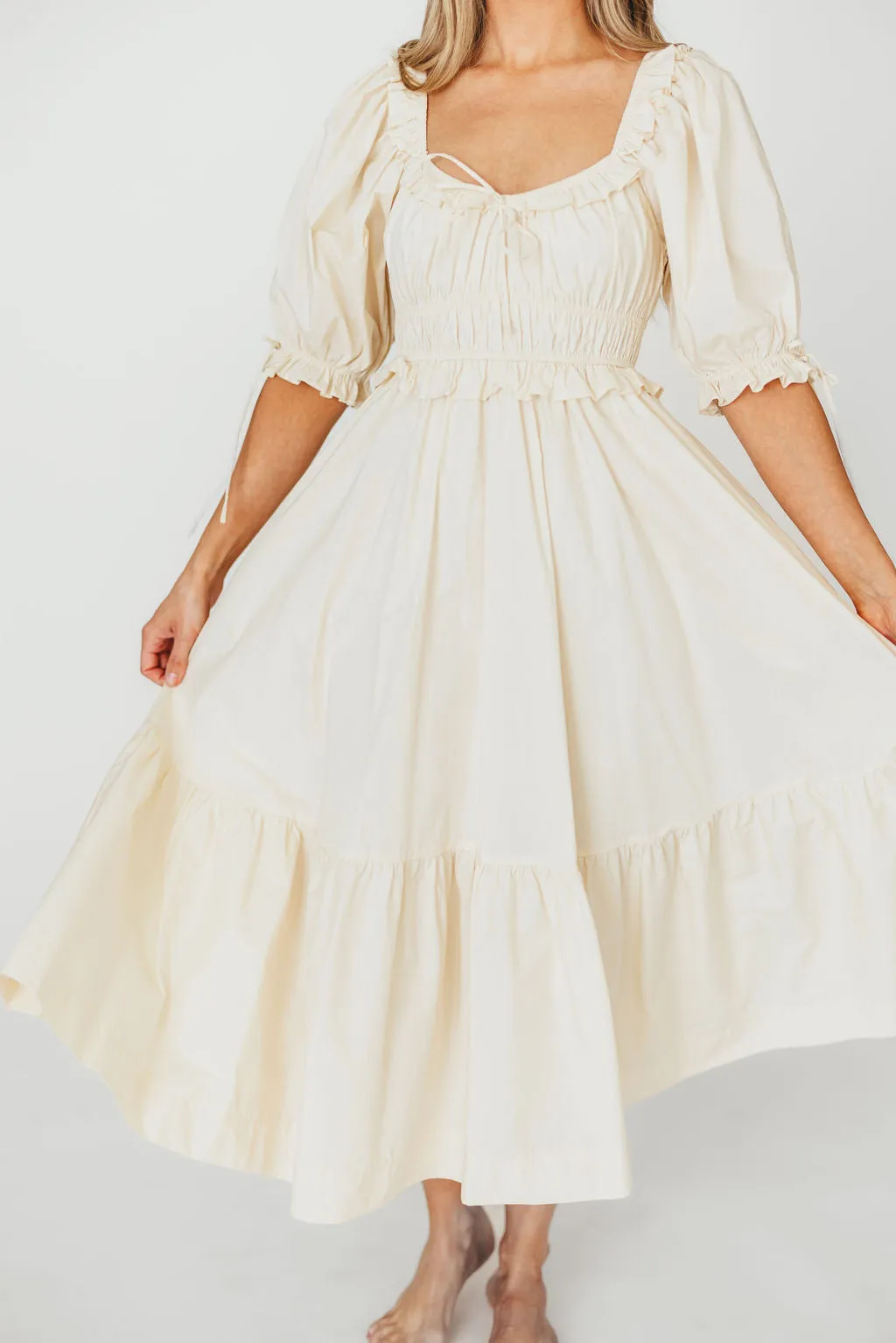 100% Cotton Crissy Ruched Midi Dress in Cream - Bump Friendly