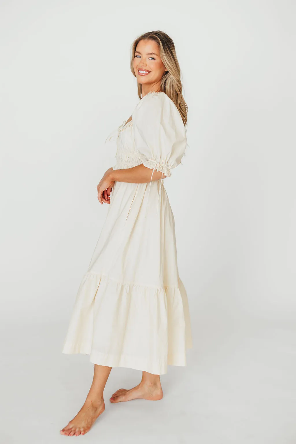 100% Cotton Crissy Ruched Midi Dress in Cream - Bump Friendly