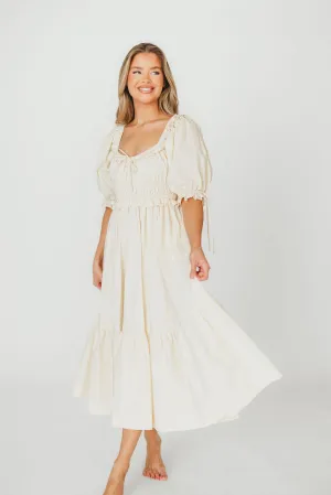 100% Cotton Crissy Ruched Midi Dress in Cream - Bump Friendly