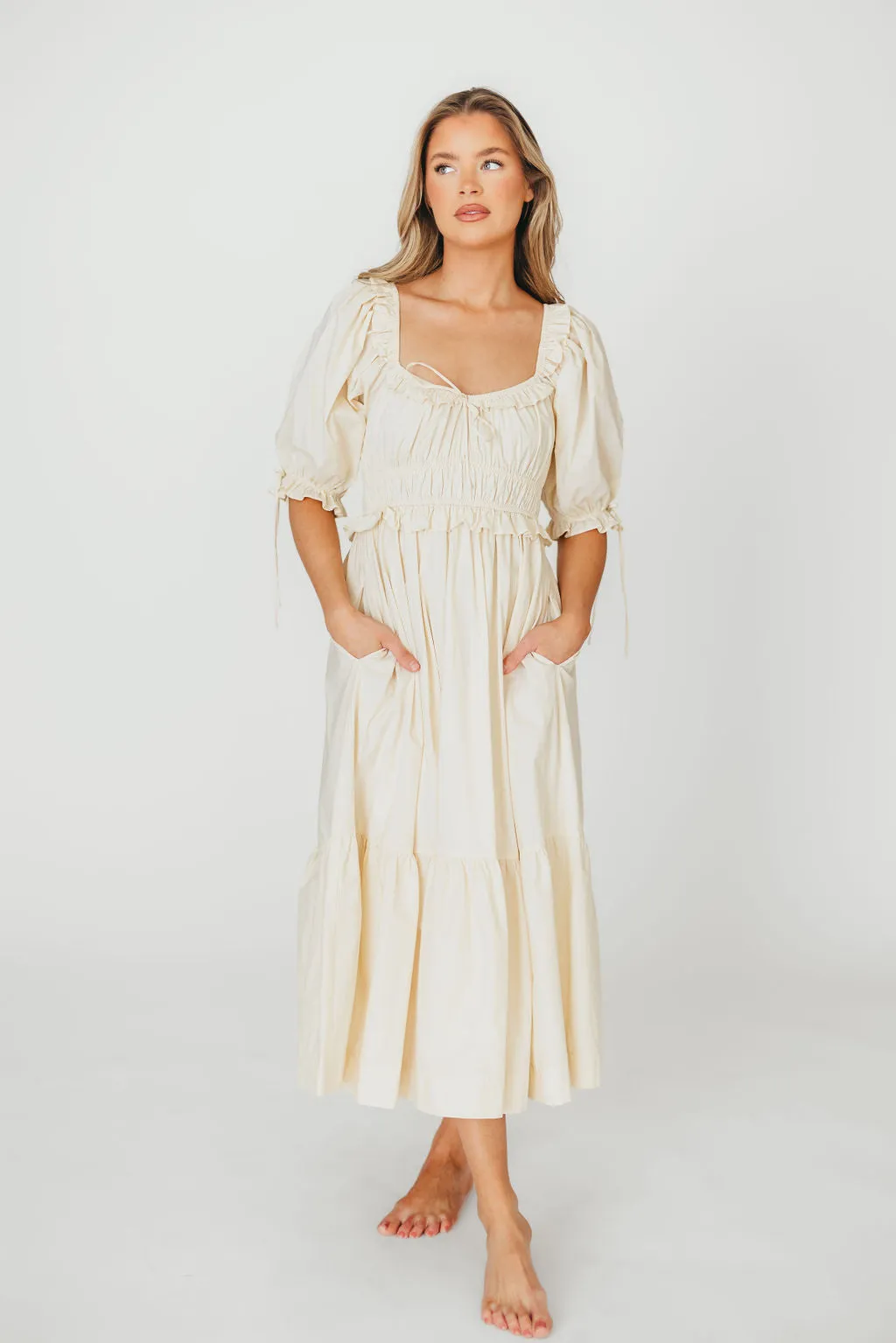 100% Cotton Crissy Ruched Midi Dress in Cream - Bump Friendly