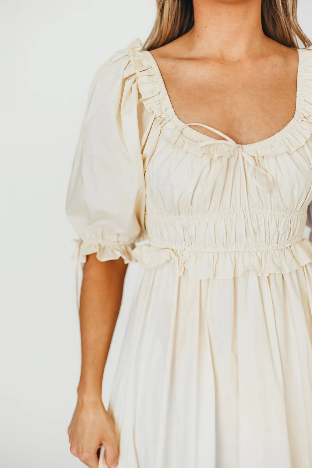 100% Cotton Crissy Ruched Midi Dress in Cream - Bump Friendly