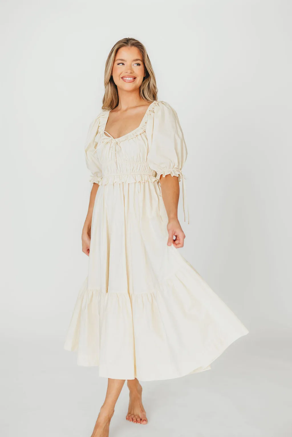 100% Cotton Crissy Ruched Midi Dress in Cream - Bump Friendly