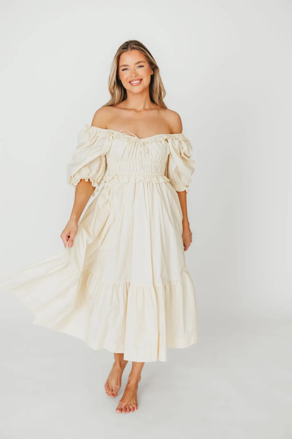 100% Cotton Crissy Ruched Midi Dress in Cream - Bump Friendly