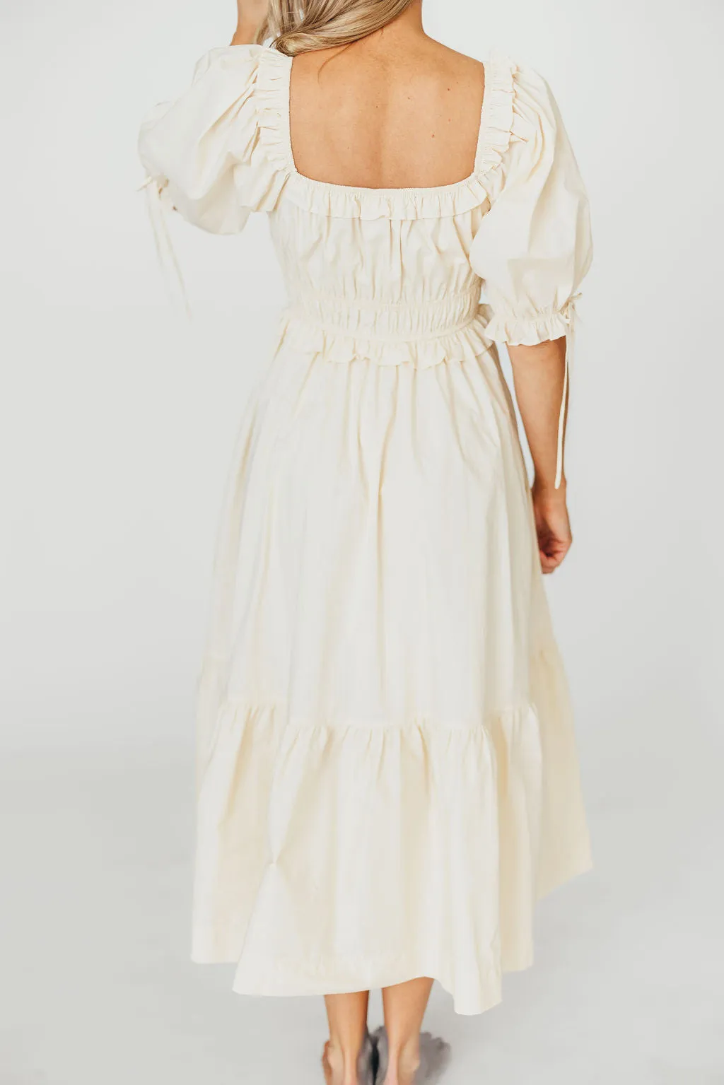 100% Cotton Crissy Ruched Midi Dress in Cream - Bump Friendly
