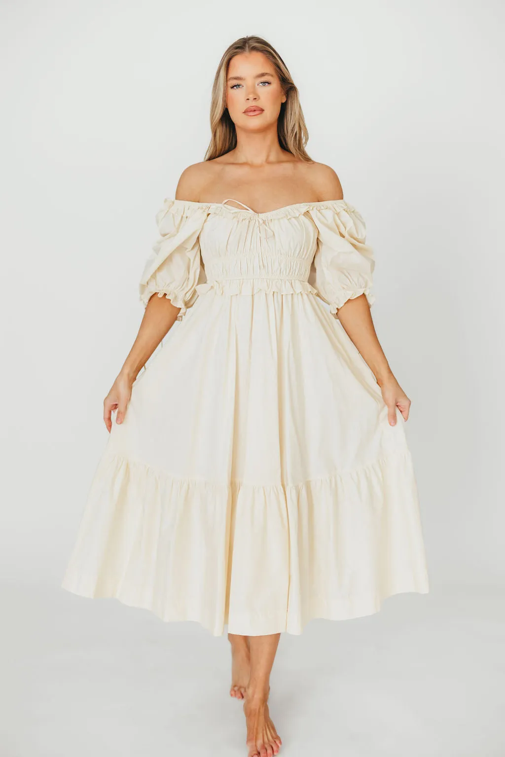 100% Cotton Crissy Ruched Midi Dress in Cream - Bump Friendly