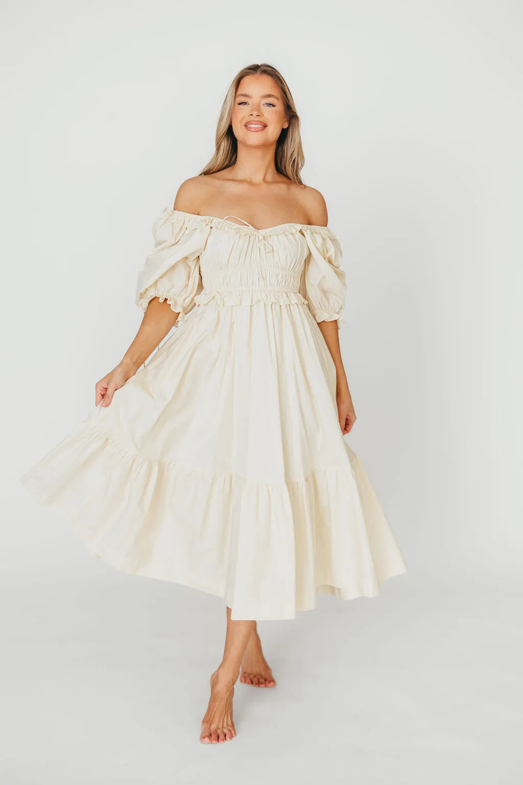 100% Cotton Crissy Ruched Midi Dress in Cream - Bump Friendly