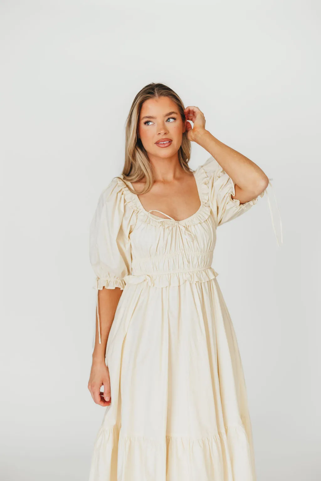 100% Cotton Crissy Ruched Midi Dress in Cream - Bump Friendly