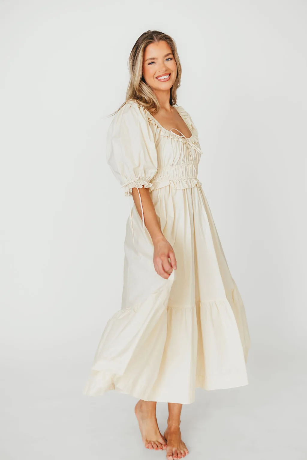 100% Cotton Crissy Ruched Midi Dress in Cream - Bump Friendly