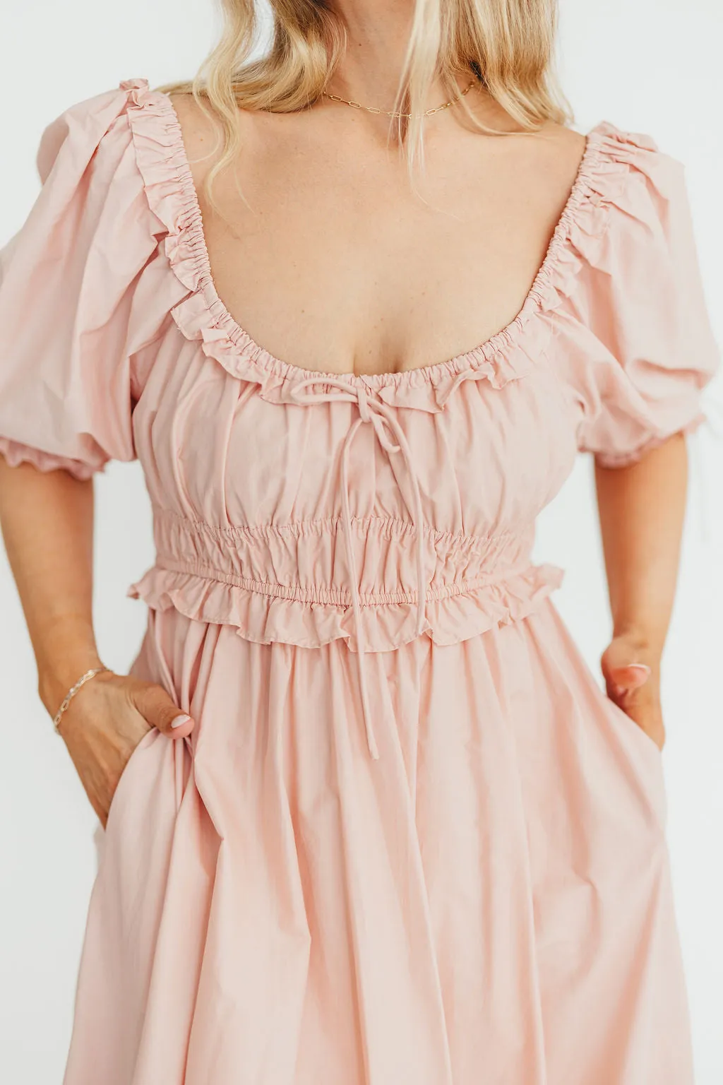 100% Cotton Crissy Ruched Midi Dress in Dusty Pink - Bump Friendly