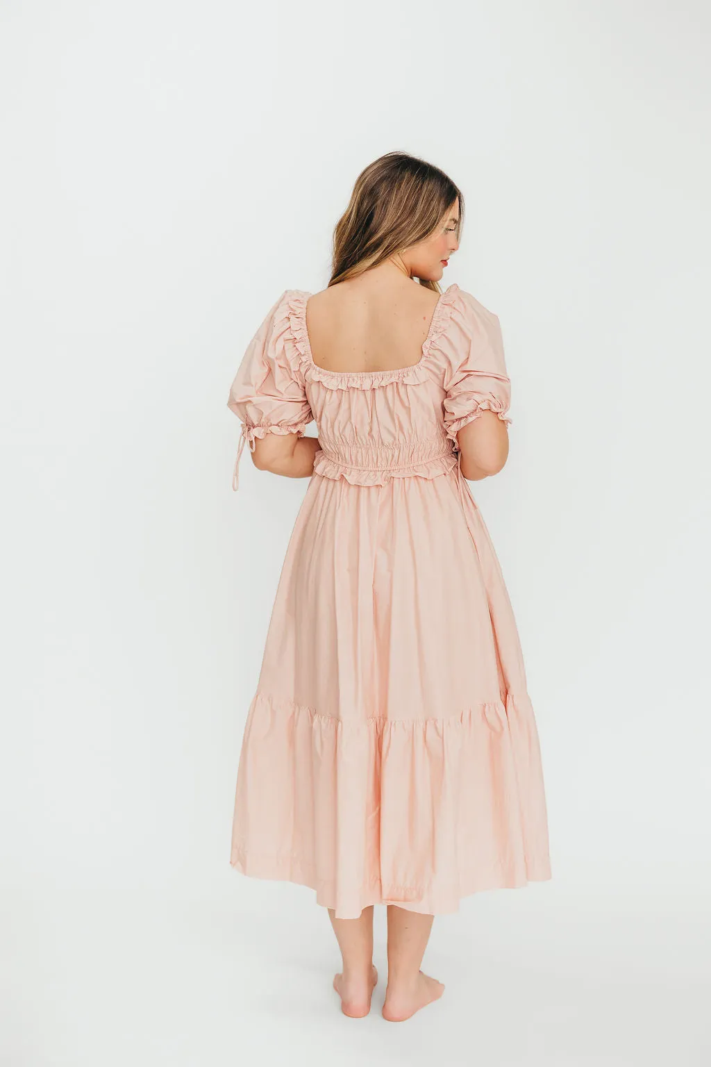 100% Cotton Crissy Ruched Midi Dress in Dusty Pink - Bump Friendly