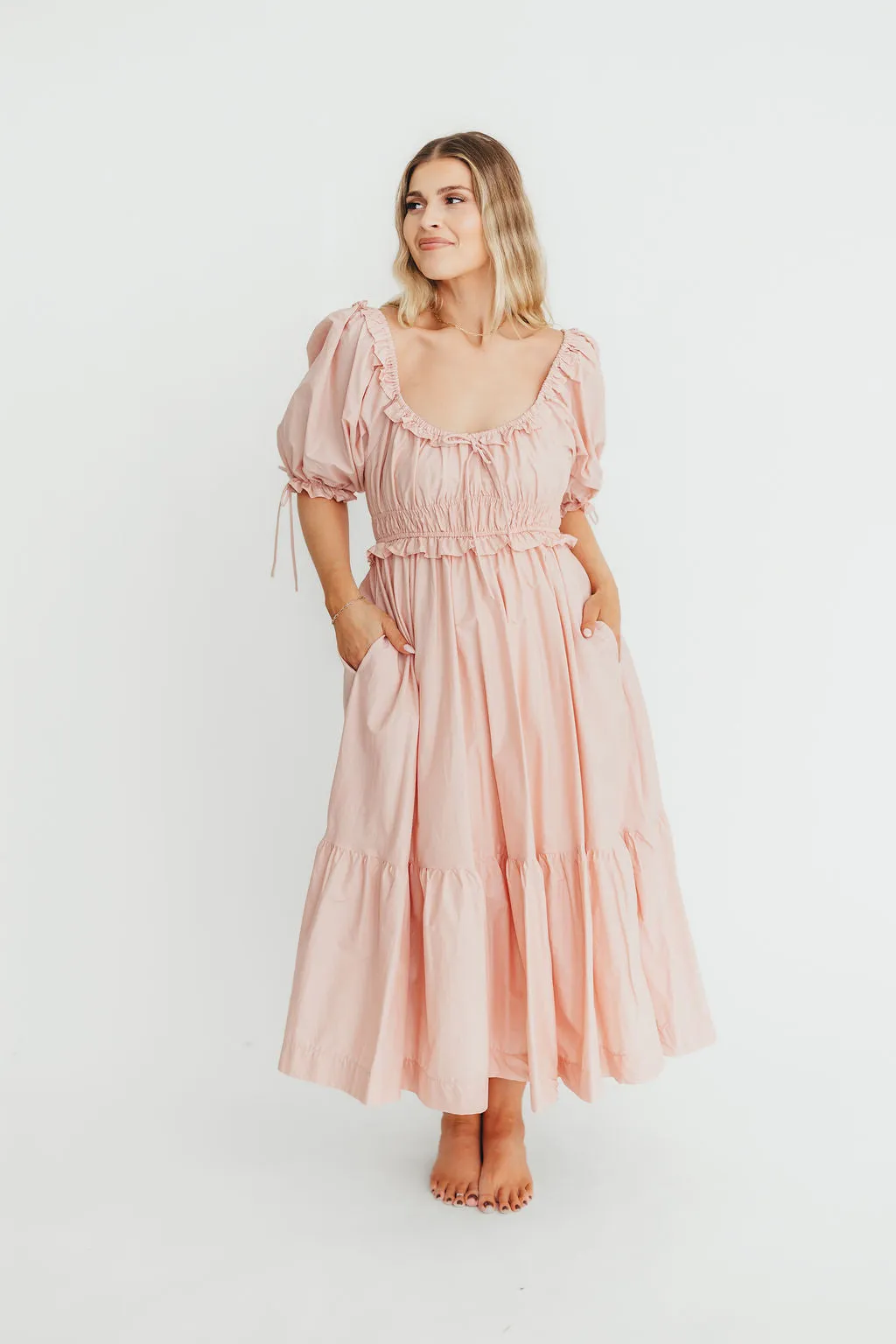 100% Cotton Crissy Ruched Midi Dress in Dusty Pink - Bump Friendly