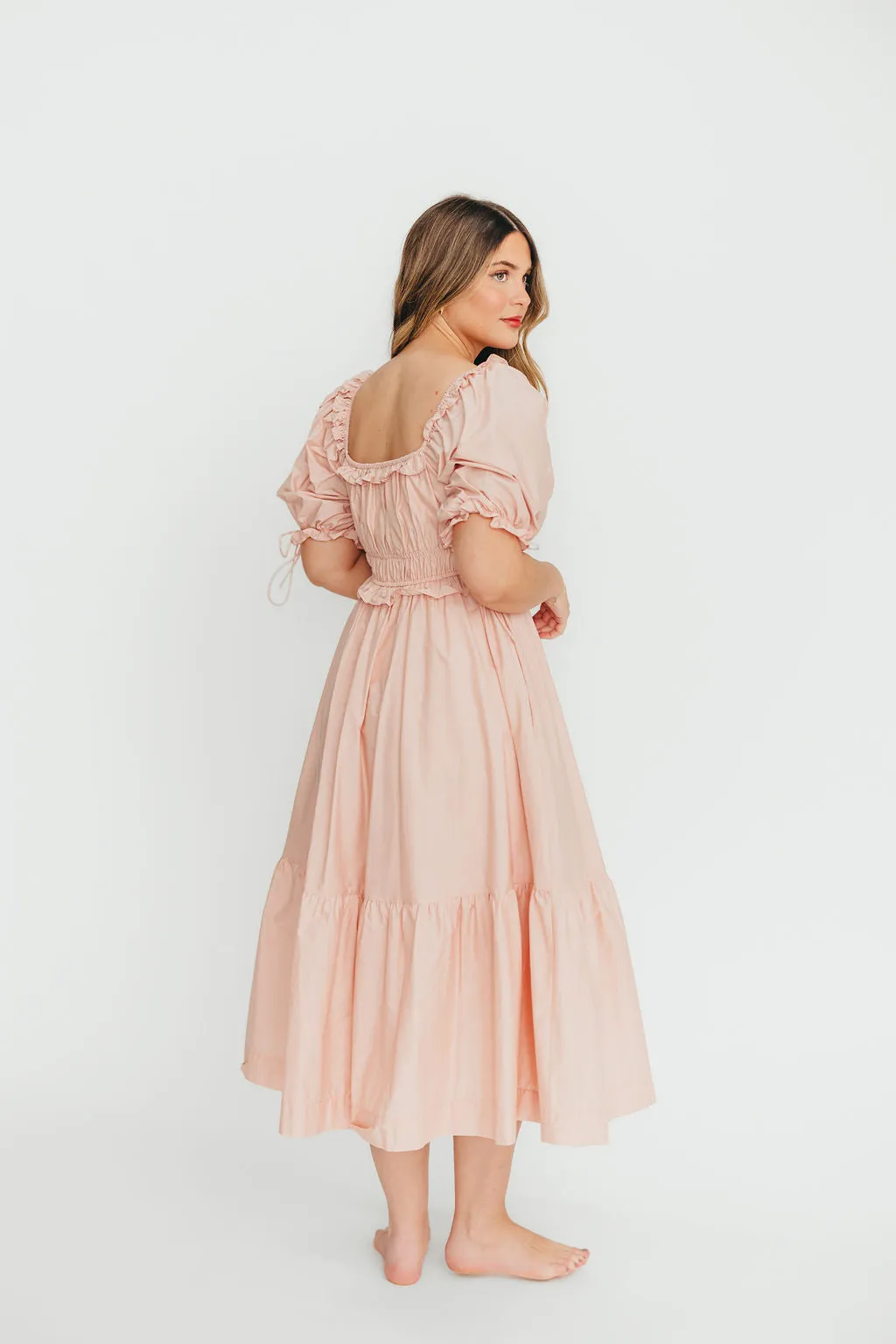100% Cotton Crissy Ruched Midi Dress in Dusty Pink - Bump Friendly