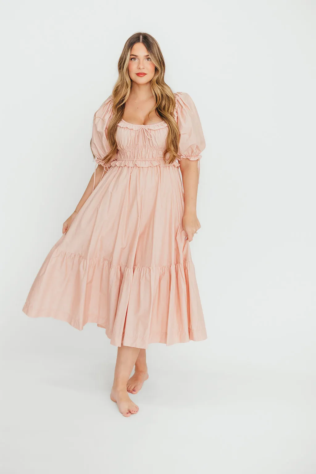 100% Cotton Crissy Ruched Midi Dress in Dusty Pink - Bump Friendly