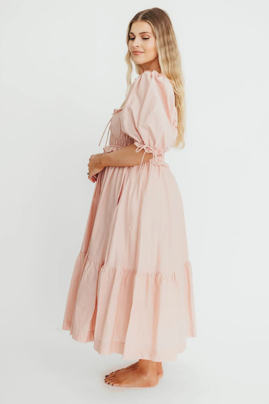100% Cotton Crissy Ruched Midi Dress in Dusty Pink - Bump Friendly