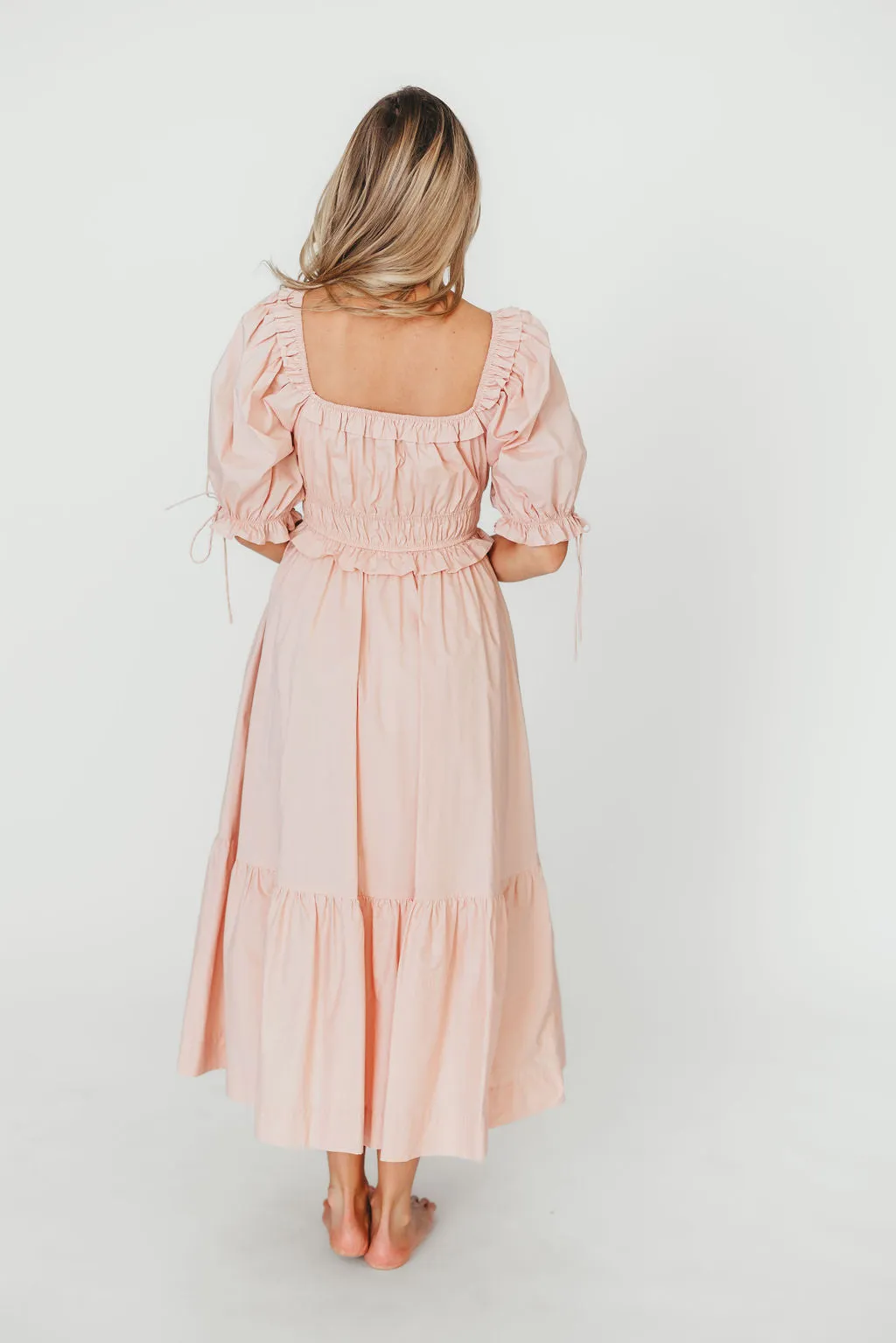 100% Cotton Crissy Ruched Midi Dress in Dusty Pink - Bump Friendly