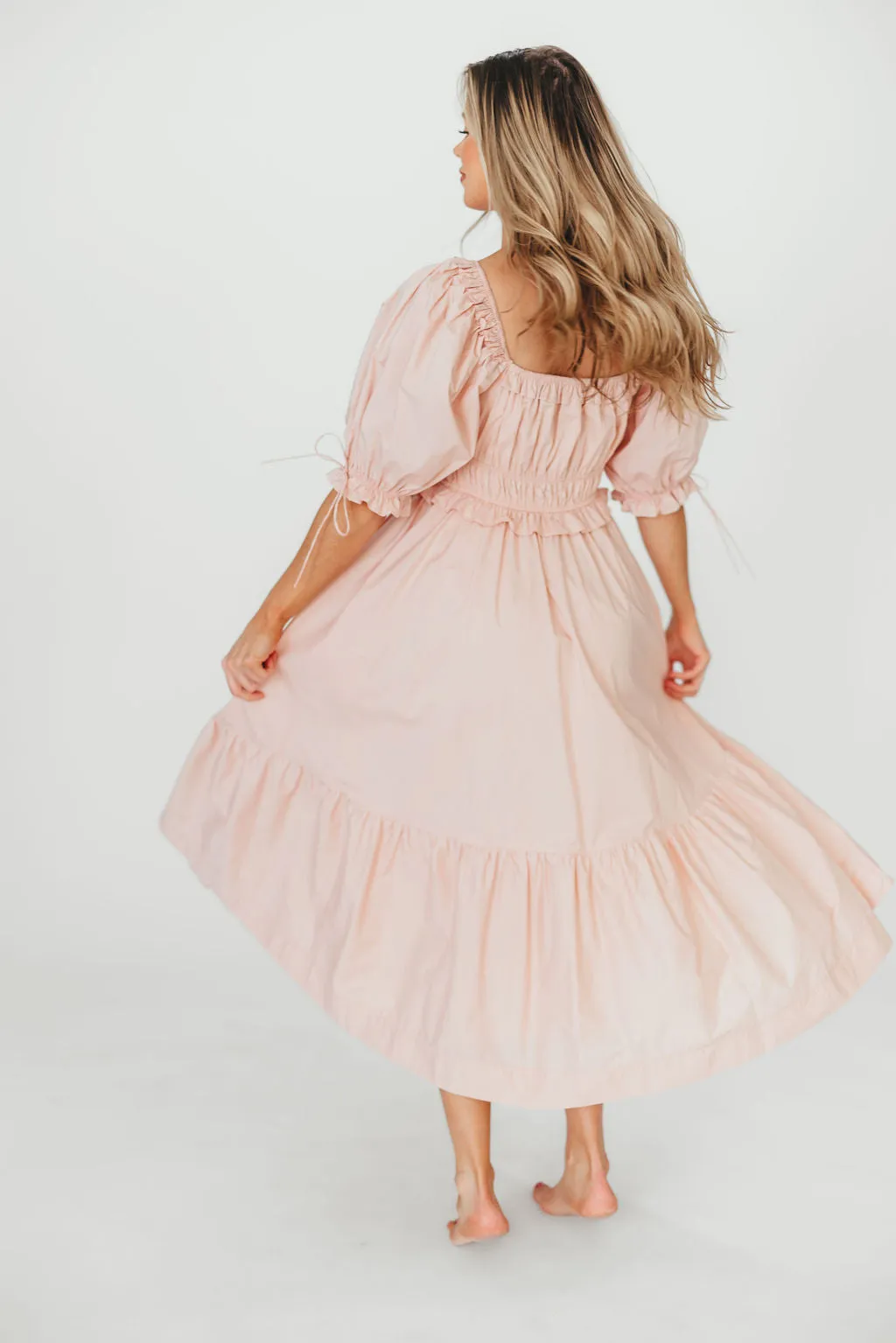 100% Cotton Crissy Ruched Midi Dress in Dusty Pink - Bump Friendly