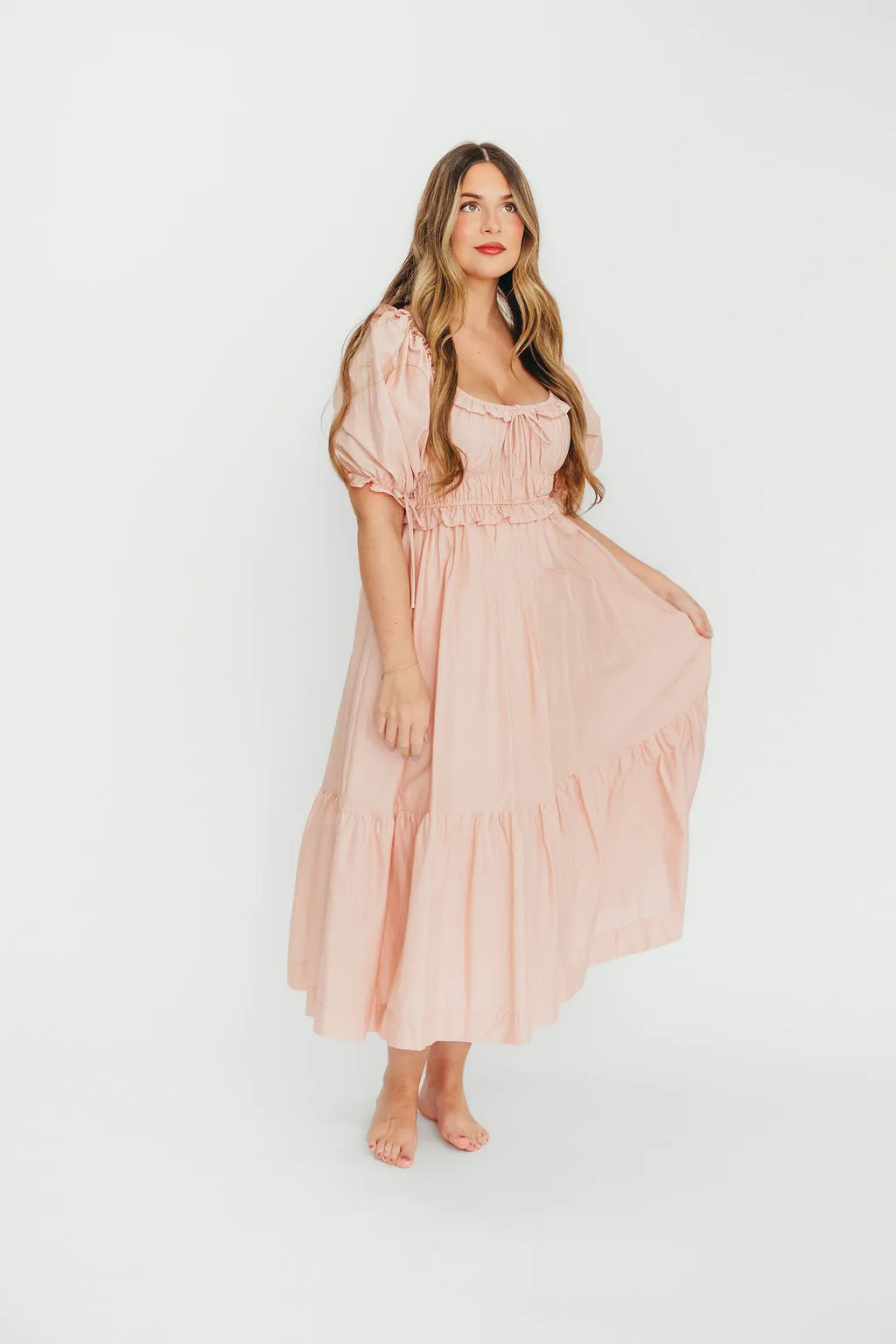 100% Cotton Crissy Ruched Midi Dress in Dusty Pink - Bump Friendly