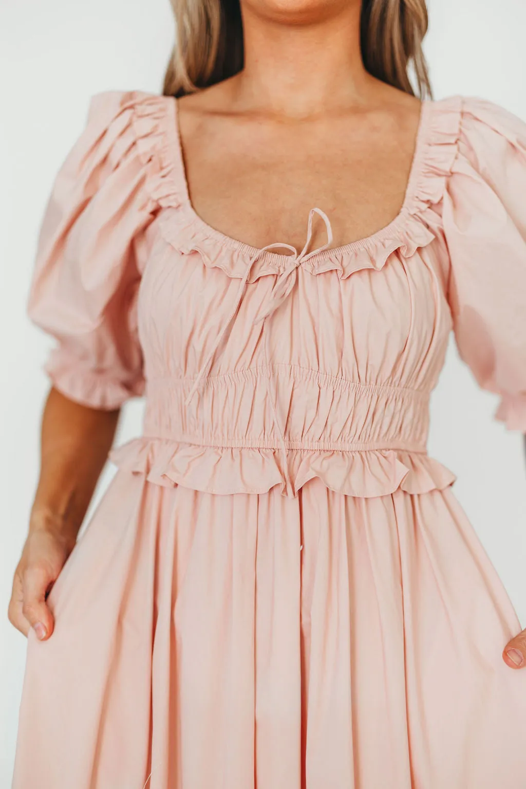 100% Cotton Crissy Ruched Midi Dress in Dusty Pink - Bump Friendly