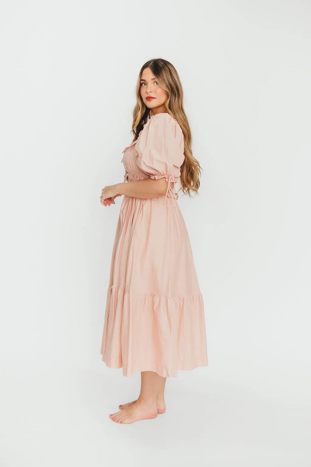 100% Cotton Crissy Ruched Midi Dress in Dusty Pink - Bump Friendly