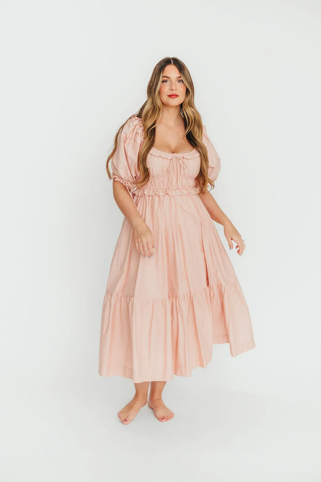 100% Cotton Crissy Ruched Midi Dress in Dusty Pink - Bump Friendly