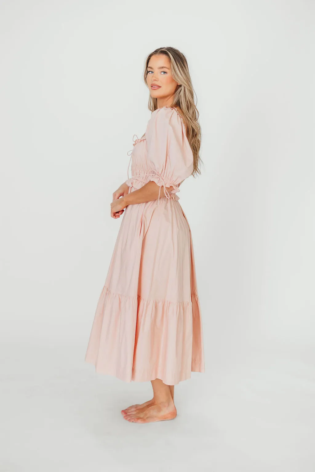 100% Cotton Crissy Ruched Midi Dress in Dusty Pink - Bump Friendly