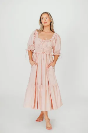 100% Cotton Crissy Ruched Midi Dress in Dusty Pink - Bump Friendly