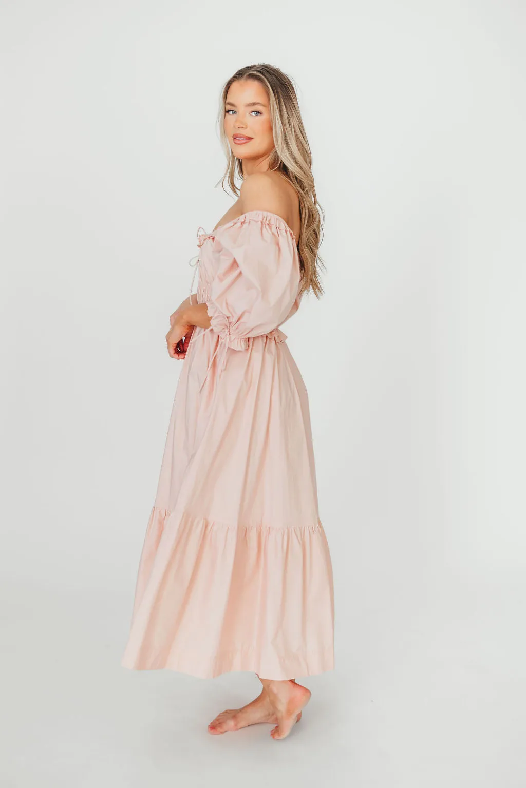100% Cotton Crissy Ruched Midi Dress in Dusty Pink - Bump Friendly