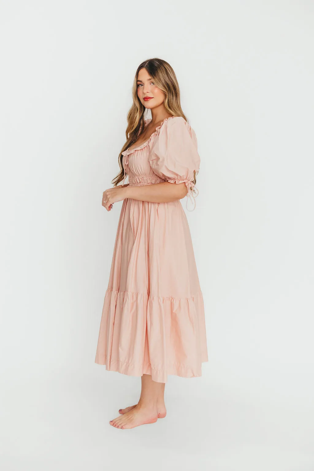 100% Cotton Crissy Ruched Midi Dress in Dusty Pink - Bump Friendly