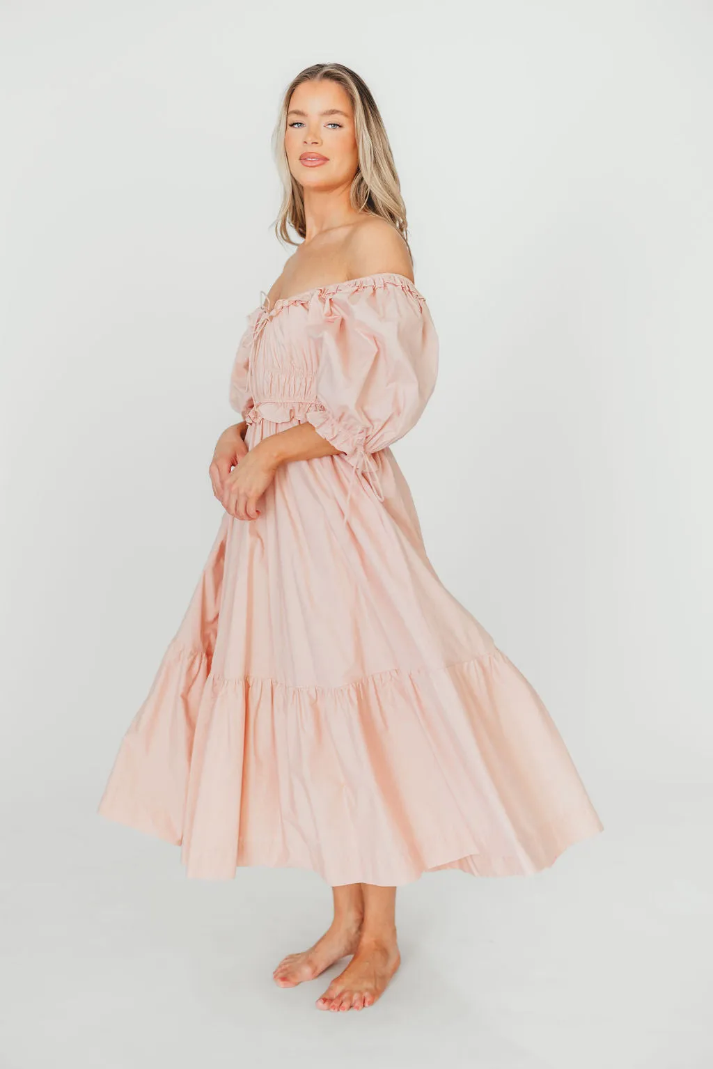 100% Cotton Crissy Ruched Midi Dress in Dusty Pink - Bump Friendly