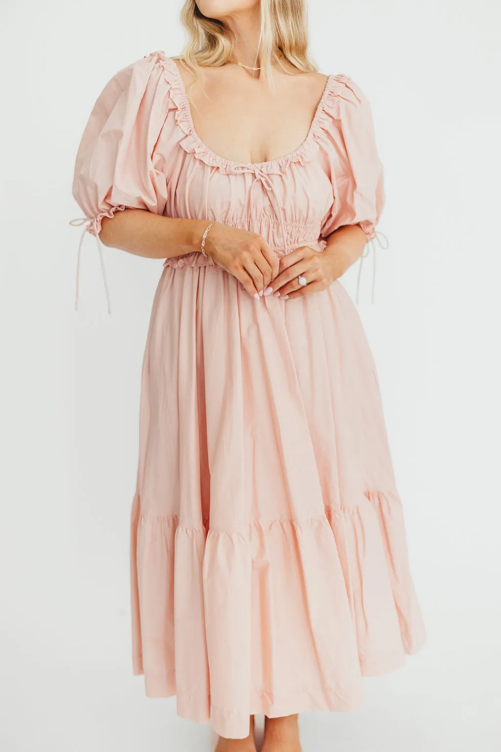 100% Cotton Crissy Ruched Midi Dress in Dusty Pink - Bump Friendly