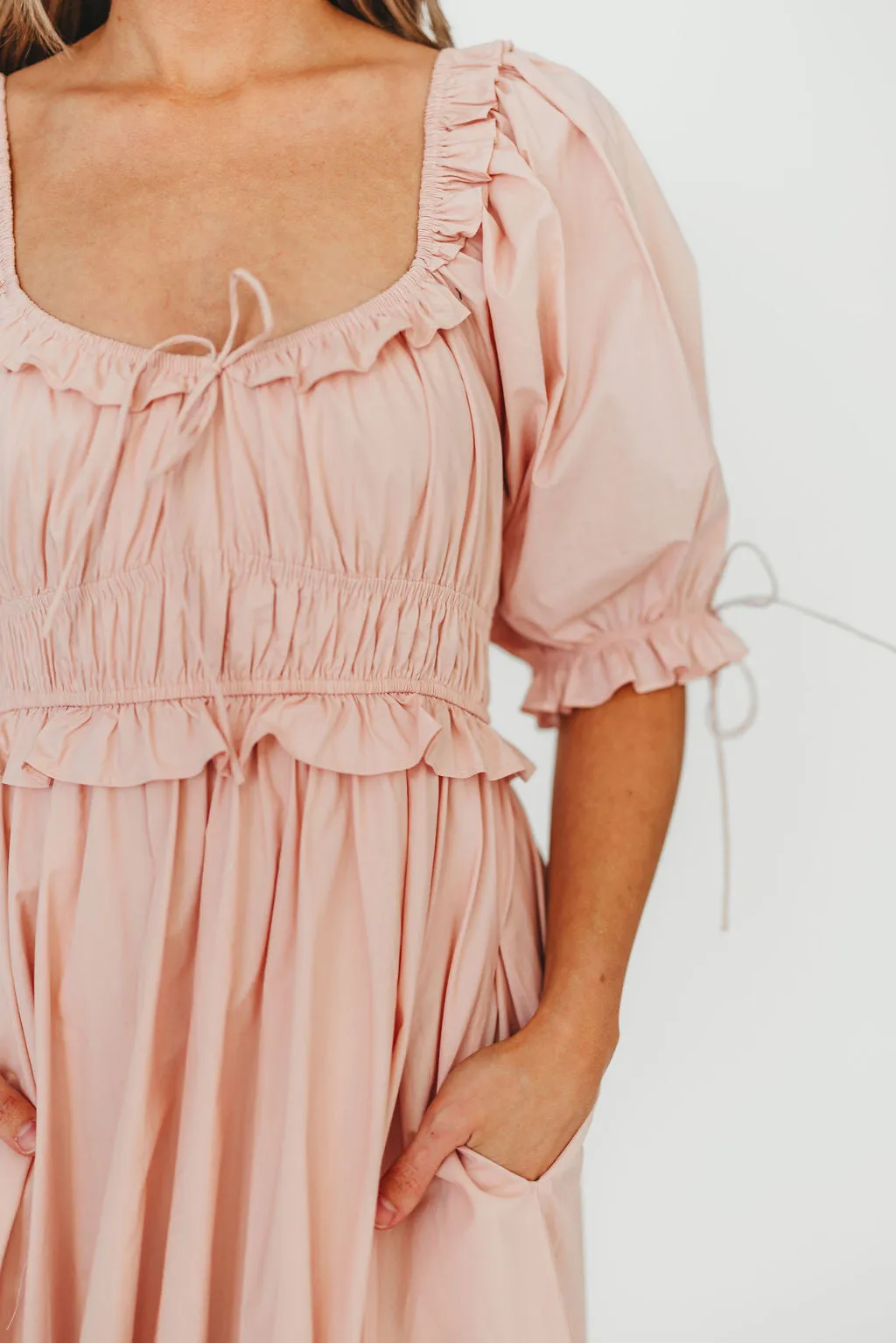 100% Cotton Crissy Ruched Midi Dress in Dusty Pink - Bump Friendly