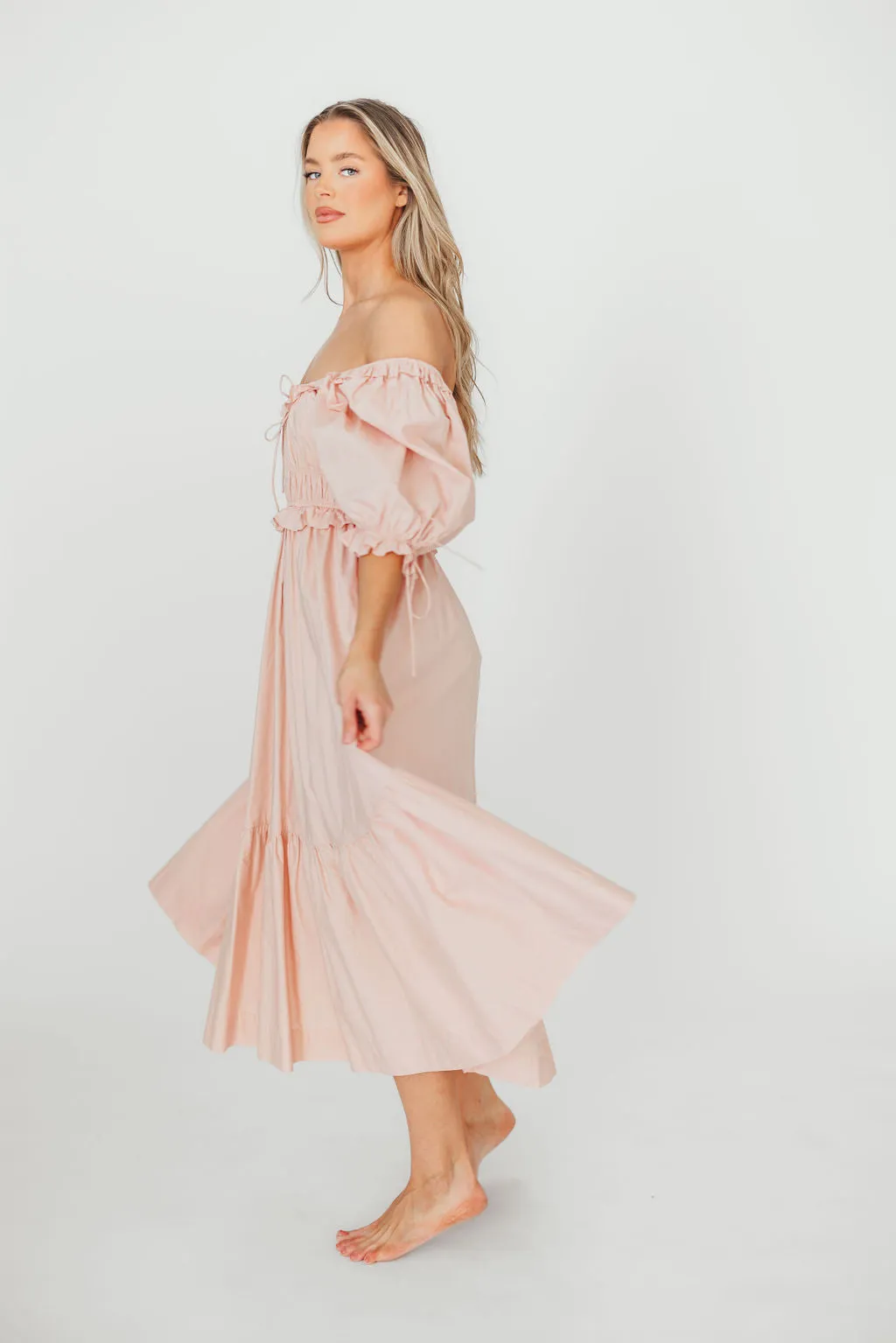 100% Cotton Crissy Ruched Midi Dress in Dusty Pink - Bump Friendly