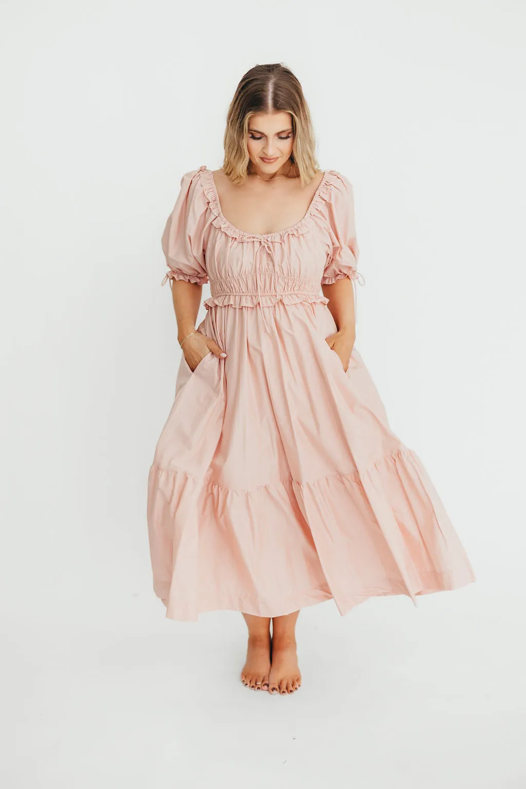 100% Cotton Crissy Ruched Midi Dress in Dusty Pink - Bump Friendly