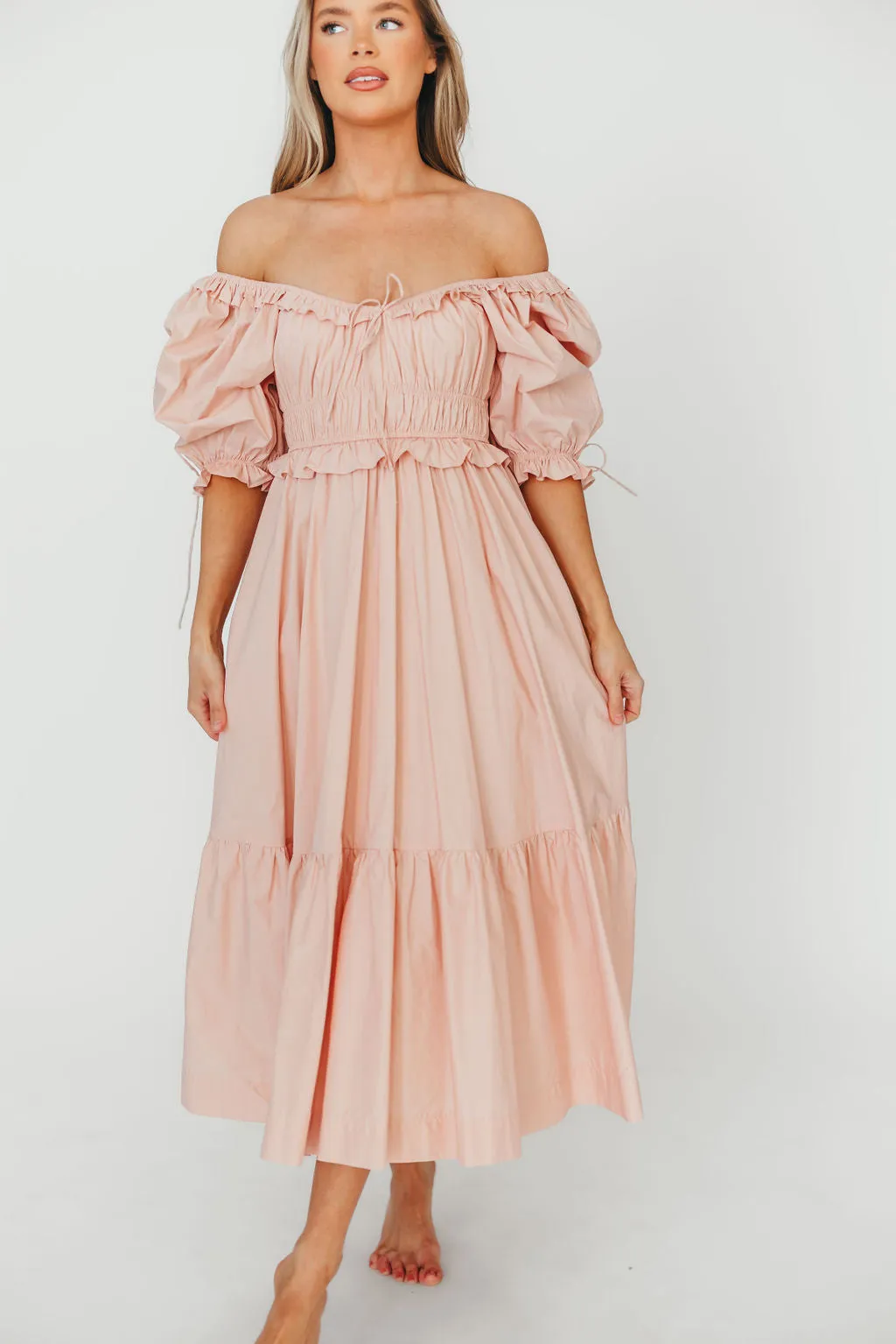 100% Cotton Crissy Ruched Midi Dress in Dusty Pink - Bump Friendly