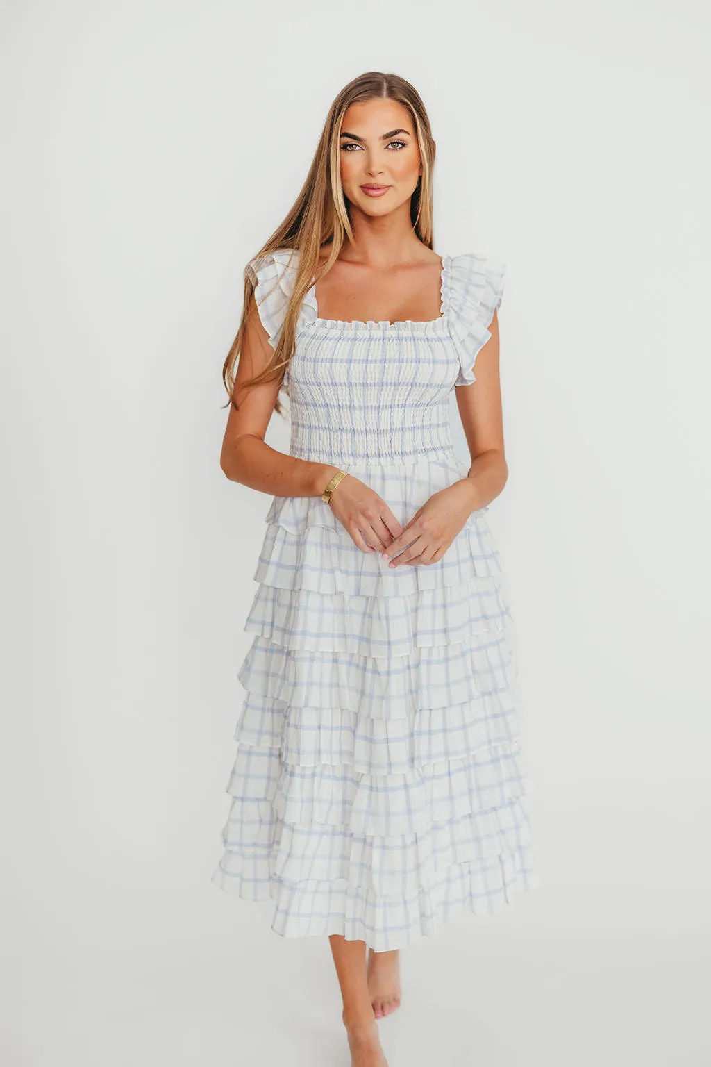 Adelynn Ruffle Midi Dress in White/Blue