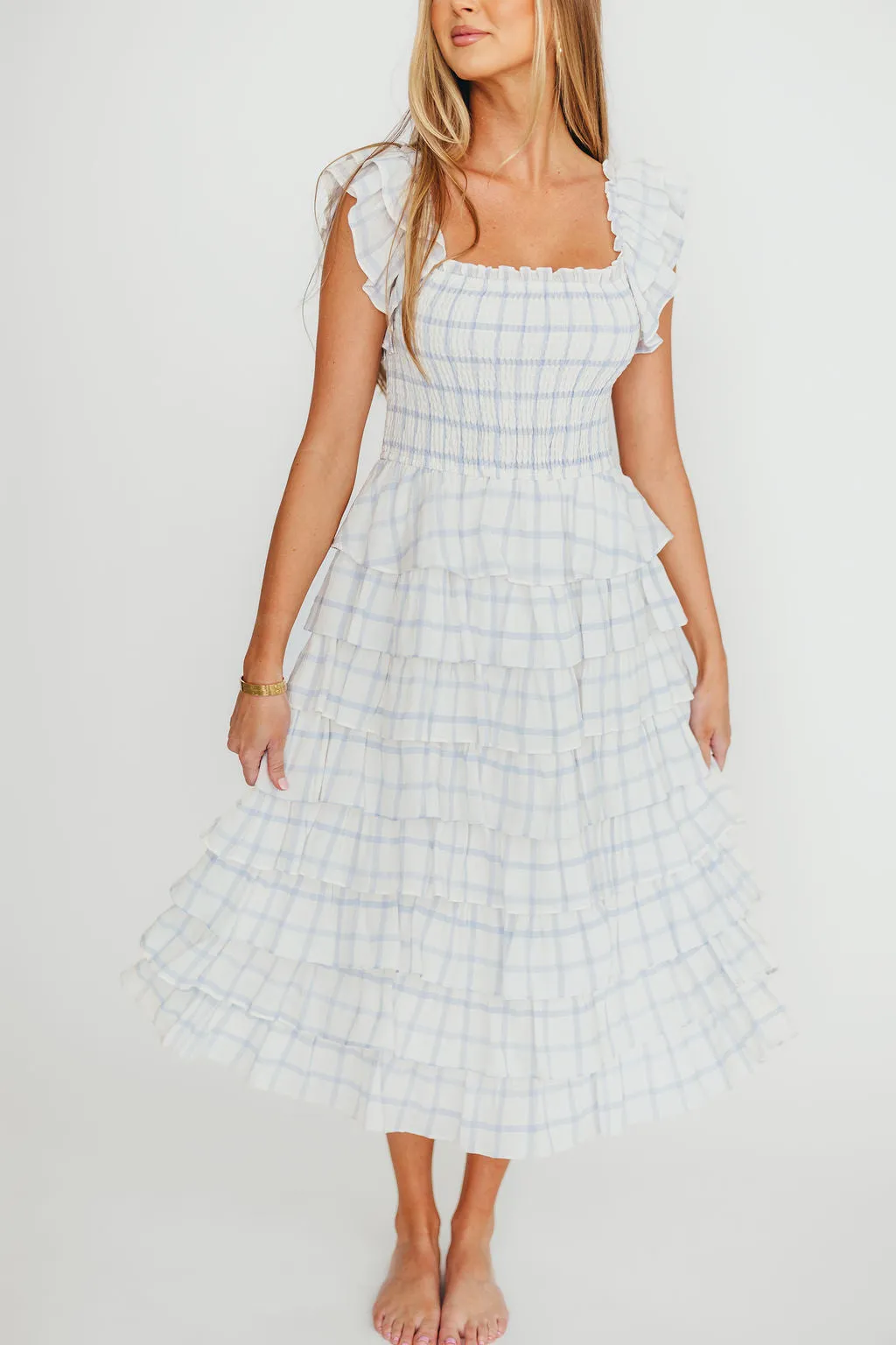 Adelynn Ruffle Midi Dress in White/Blue