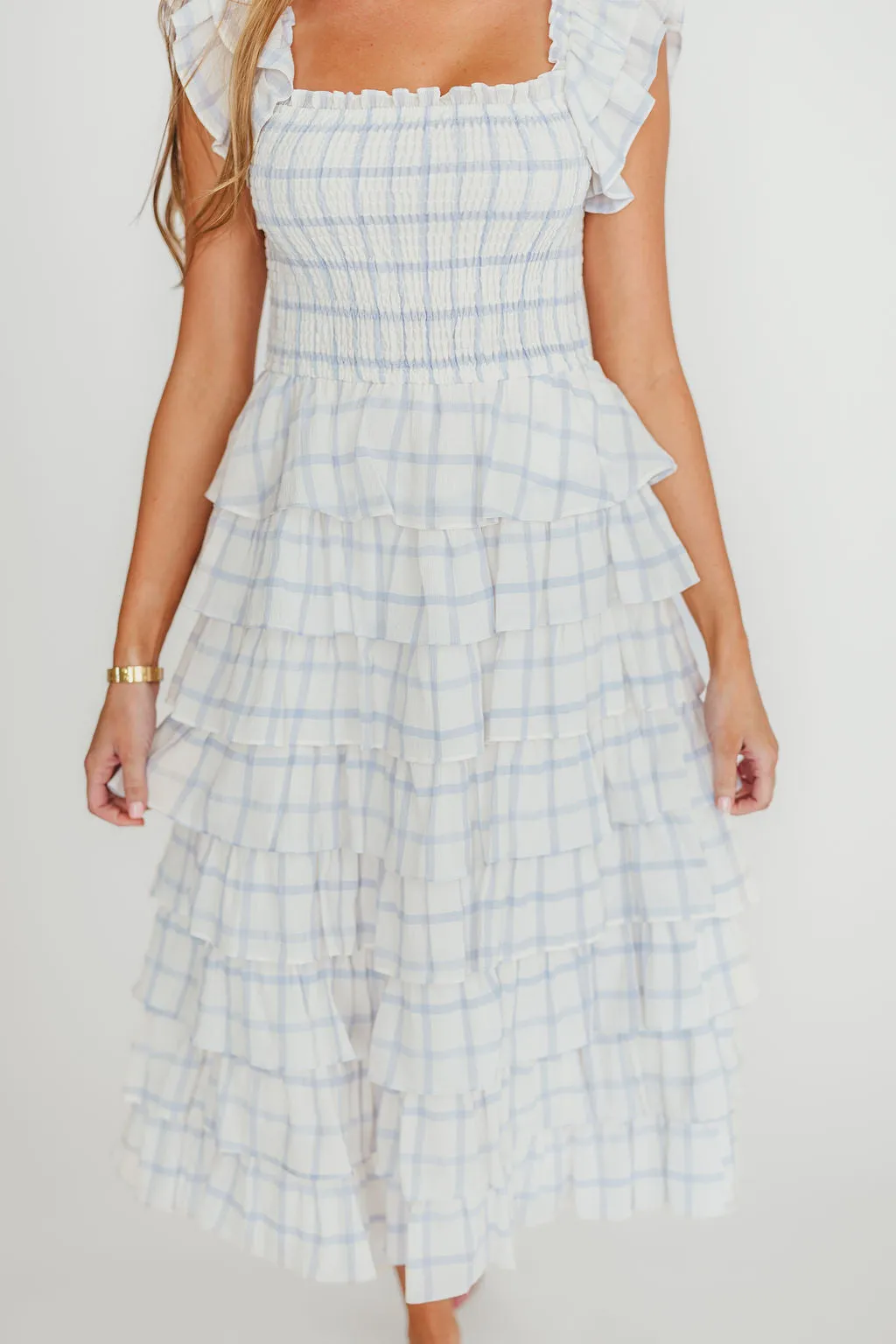 Adelynn Ruffle Midi Dress in White/Blue